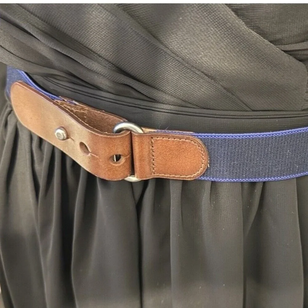 Navy Blue‎ Elastic Stretch Belt Brown Leather Tab Stud Closure Silver Ring 47-08
